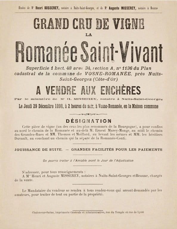 Affiche de la mise en vente d'une pièce de vigne de la Romanée-Saint-Vivant
